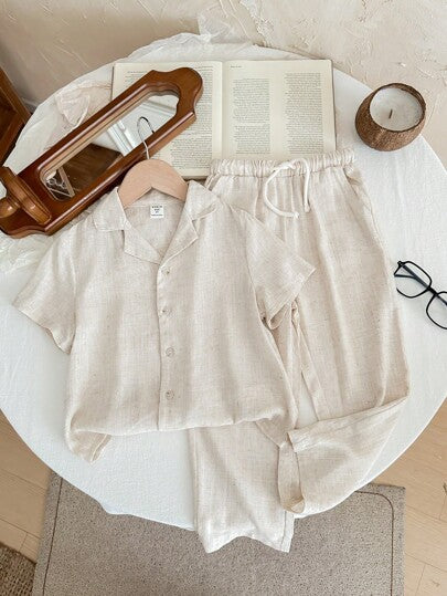 SHEIN LMoss Kids طقم بنطال بخصر مطاطي وقميص أكمام قصيرة بسيط وكاجوال لون المشمش للأطفال الصبية، 2 قطعة