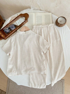 SHEIN LMoss Kids طقم بنطال بخصر مطاطي وقميص أكمام قصيرة بسيط وكاجوال لون المشمش للأطفال الصبية، 2 قطعة