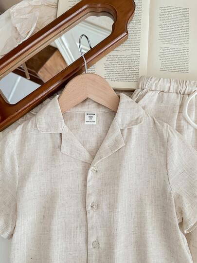 SHEIN LMoss Kids طقم بنطال بخصر مطاطي وقميص أكمام قصيرة بسيط وكاجوال لون المشمش للأطفال الصبية، 2 قطعة