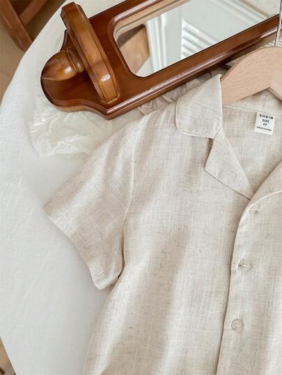 SHEIN LMoss Kids طقم بنطال بخصر مطاطي وقميص أكمام قصيرة بسيط وكاجوال لون المشمش للأطفال الصبية، 2 قطعة