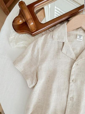 SHEIN LMoss Kids طقم بنطال بخصر مطاطي وقميص أكمام قصيرة بسيط وكاجوال لون المشمش للأطفال الصبية، 2 قطعة
