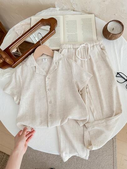 SHEIN LMoss Kids طقم بنطال بخصر مطاطي وقميص أكمام قصيرة بسيط وكاجوال لون المشمش للأطفال الصبية، 2 قطعة