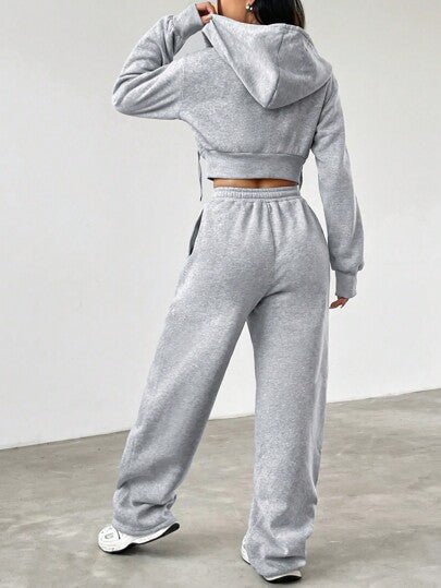 SHEIN EZwear مجموعة نسائية رمادية مكونة من قطعتين، كنزة مع غطاء رأس