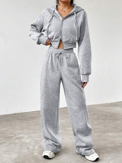 SHEIN EZwear مجموعة نسائية رمادية مكونة من قطعتين، كنزة مع غطاء رأس