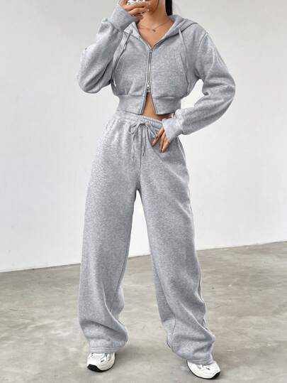 SHEIN EZwear مجموعة نسائية رمادية مكونة من قطعتين، كنزة مع غطاء رأس