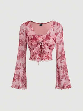 SHEIN MOD قميص نسائي بأكمام جرس وربطة أمامية، طراز فينتاج، مناسب لمناسبات الهالوين والخريف والريف، أكمام طويلة، مناسب للخروج