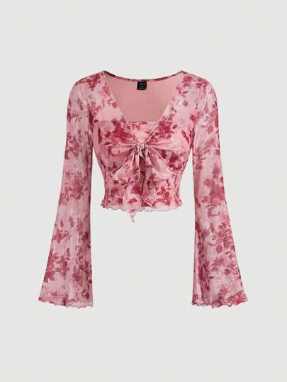 SHEIN MOD قميص نسائي بأكمام جرس وربطة أمامية، طراز فينتاج، مناسب لمناسبات الهالوين والخريف والريف، أكمام طويلة، مناسب للخروج