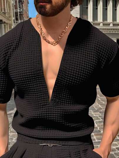 Manfinity Homme تي شيرت رجالي قصير الأكمام، سادة اللون، عميق الياقة على شكل حرف V مناسب للصيف والنشاط البدني، مناسب للأزواج