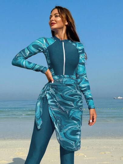 Swim Shayni بوركيني مطبوع بطبعة الرخام مع تنورة الشاطئ صيفي مع سوستة أمامية