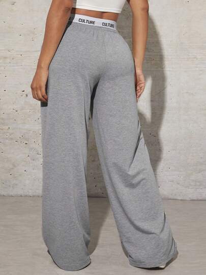 SHEIN SXY سروال رياضي رمادي فضفاض عادي للنساء برباط على الخصر مع شريط حروف محبوك