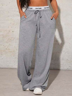 SHEIN SXY سروال رياضي رمادي فضفاض عادي للنساء برباط على الخصر مع شريط حروف محبوك