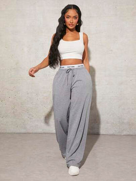 SHEIN SXY سروال رياضي رمادي فضفاض عادي للنساء برباط على الخصر مع شريط حروف محبوك
