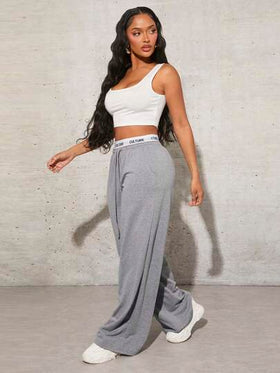 SHEIN SXY سروال رياضي رمادي فضفاض عادي للنساء برباط على الخصر مع شريط حروف محبوك