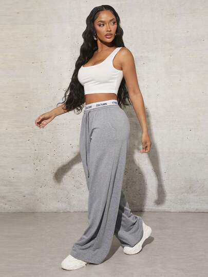 SHEIN SXY سروال رياضي رمادي فضفاض عادي للنساء برباط على الخصر مع شريط حروف محبوك