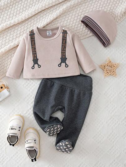 SHEIN طقم جمبسوت طويلة الأكمام للأطفال الرضع الولد بالرقعة 3قطع، قبعة وكشكش، طقم ملابس كاجوال