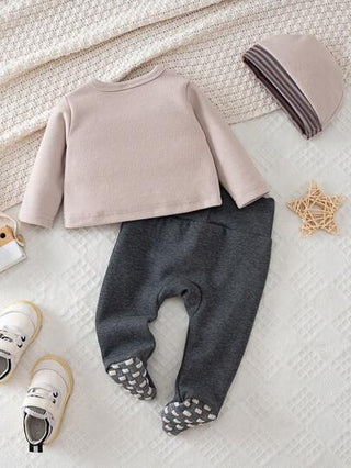 SHEIN طقم جمبسوت طويلة الأكمام للأطفال الرضع الولد بالرقعة 3قطع، قبعة وكشكش، طقم ملابس كاجوال
