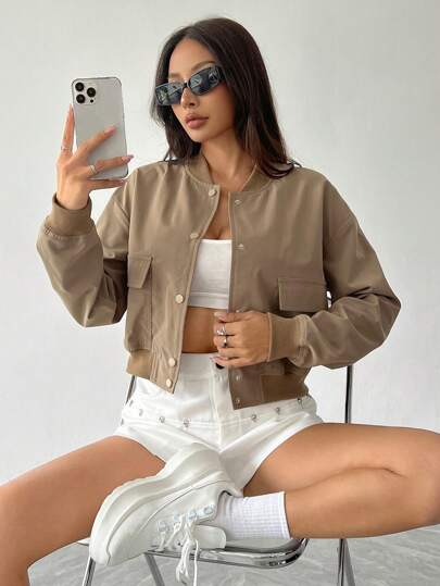 Flirla جاكيت بومبر فضفاضة بنصف صدرية عادية