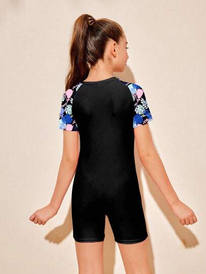 SHEIN بدلة سباحة قطعة واحدة بأكمام قصيرة وطباعة ملونة للبنات المراهقات