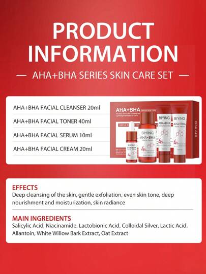 طقم هدايا العناية بالبشرة AHA BHA مجموعة مكونة من 4قطع، مضاد للتجاعيد، مرطب، مجموعة العناية بالبشرة المضادة للشيخوخة 4في1 (منظف 20مل وتونر 40مل وجوهر 10مل وكريم 20مل) تغذية عميقة ومشرقة لون البشرة، خفيف الوزن وسهل الامتصاص علبة هدايا العناية...