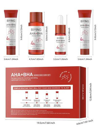 طقم هدايا العناية بالبشرة AHA BHA مجموعة مكونة من 4قطع، مضاد للتجاعيد، مرطب، مجموعة العناية بالبشرة المضادة للشيخوخة 4في1 (منظف 20مل وتونر 40مل وجوهر 10مل وكريم 20مل) تغذية عميقة ومشرقة لون البشرة، خفيف الوزن وسهل الامتصاص علبة هدايا العناية...