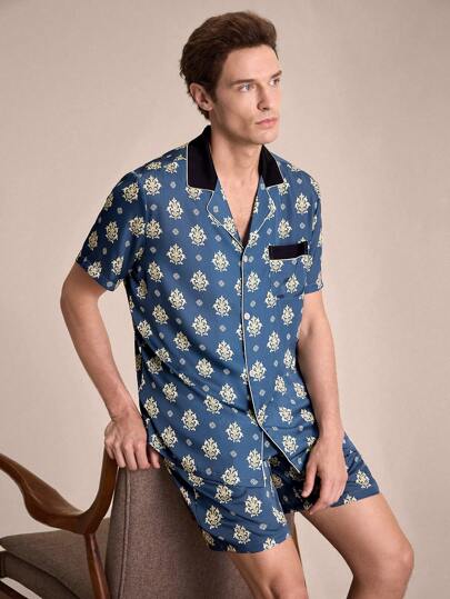 EverLounge بيجامة رجالية مكونة من قميص بأزرار وشورت بطباعة هندسية مميزة، ملابس منزلية عادية