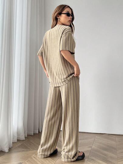 طقم حريمي قطعتين EZwear مجموعة تي شيرت رياضي فضفاض مخطط و بنطلون للنساء