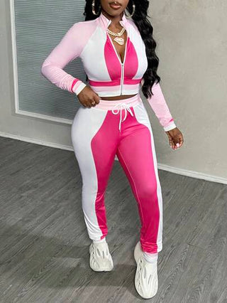 Slaydiva طقم بيجامتين للنساء بحجم M - كرديجان ممسّن بأكمام طويلة وسحّاب، مطبوع بالكامل باللونين الوردي والأبيض، وبنطال ضيق، للموسم الخريفي البسيط والعادي