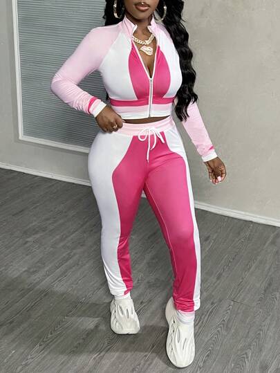 Slaydiva طقم بيجامتين للنساء بحجم M - كرديجان ممسّن بأكمام طويلة وسحّاب، مطبوع بالكامل باللونين الوردي والأبيض، وبنطال ضيق، للموسم الخريفي البسيط والعادي