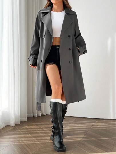 SHEIN EZwear معطف ترنش أنيق للنساء ذو ياقة مفرقعة مزدوجة الصدر بأكمام طويلة مقاوم للتجعد للخريف/الشتاء
