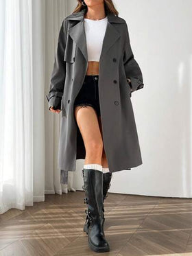 SHEIN EZwear معطف ترنش أنيق للنساء ذو ياقة مفرقعة مزدوجة الصدر بأكمام طويلة مقاوم للتجعد للخريف/الشتاء
