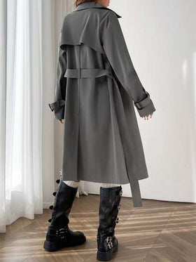 SHEIN EZwear معطف ترنش أنيق للنساء ذو ياقة مفرقعة مزدوجة الصدر بأكمام طويلة مقاوم للتجعد للخريف/الشتاء