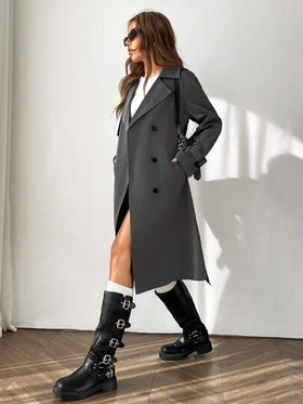 SHEIN EZwear معطف ترنش أنيق للنساء ذو ياقة مفرقعة مزدوجة الصدر بأكمام طويلة مقاوم للتجعد للخريف/الشتاء