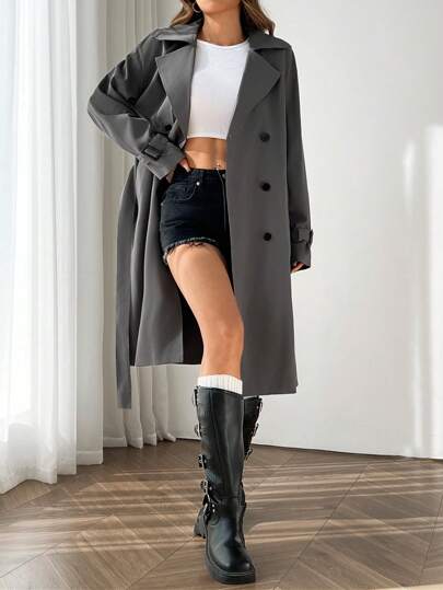 SHEIN EZwear معطف ترنش أنيق للنساء ذو ياقة مفرقعة مزدوجة الصدر بأكمام طويلة مقاوم للتجعد للخريف/الشتاء