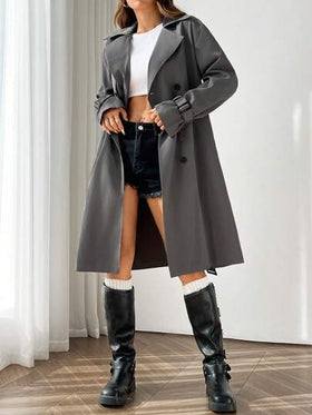 SHEIN EZwear معطف ترنش أنيق للنساء ذو ياقة مفرقعة مزدوجة الصدر بأكمام طويلة مقاوم للتجعد للخريف/الشتاء