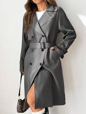 SHEIN EZwear معطف ترنش أنيق للنساء ذو ياقة مفرقعة مزدوجة الصدر بأكمام طويلة مقاوم للتجعد للخريف/الشتاء