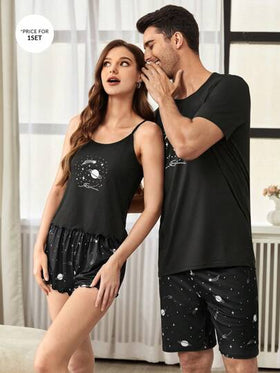SHEIN طقم بيجامات رجالي بطاقم رقبة وأكمام قصيرة بطباعة نجوم