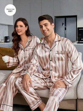 SHEIN بيجامة رجالية مكونة من ملابس علوية كم طويل مطبوعة بخطوط وبنطلون طويل، ملابس خريف وشتاء