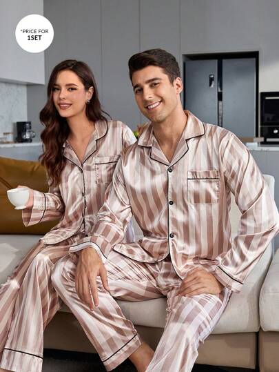SHEIN بيجامة رجالية مكونة من ملابس علوية كم طويل مطبوعة بخطوط وبنطلون طويل، ملابس خريف وشتاء