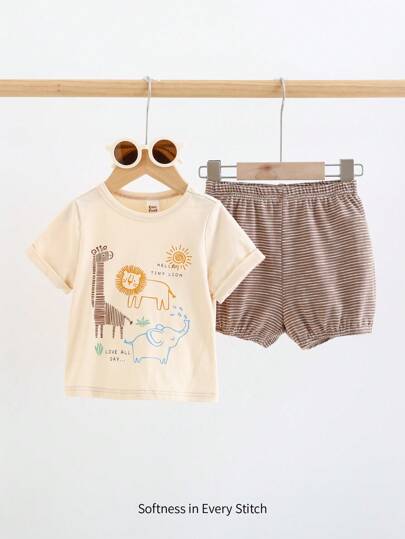 Cozy Pixies طقم تي شيرت بأكمام قصيرة بتصميم حيوان كرتوني للأطفال الصبيان وشورت كاجوال 2 قطعة