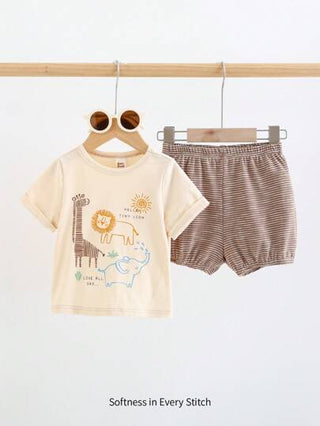 Cozy Pixies طقم تي شيرت بأكمام قصيرة بتصميم حيوان كرتوني للأطفال الصبيان وشورت كاجوال 2 قطعة