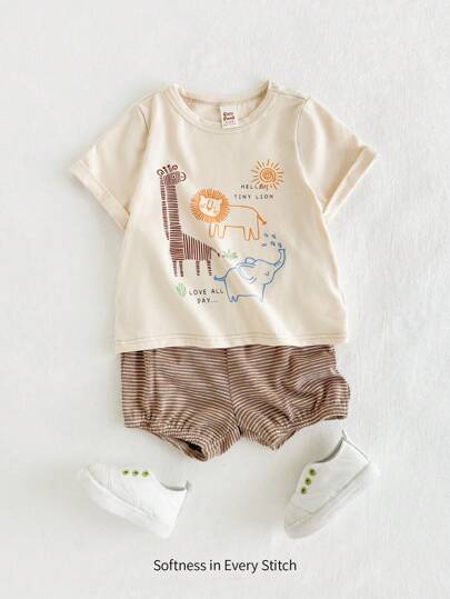 Cozy Pixies طقم تي شيرت بأكمام قصيرة بتصميم حيوان كرتوني للأطفال الصبيان وشورت كاجوال 2 قطعة
