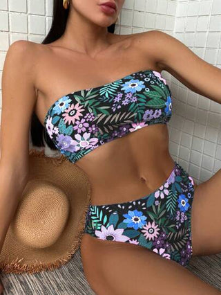 Swim Vcay مجموعة بيكيني جذابة ومطبوعة بنباتات استوائية وبدون حمالات للنساء لفصل الصيف على الشاطئ