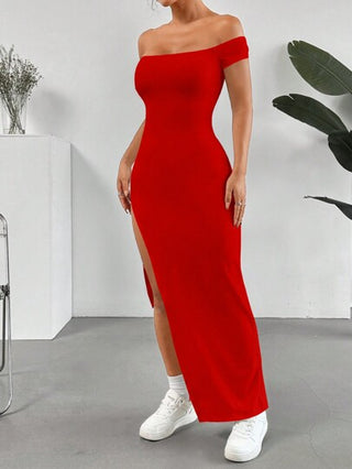 EZwear فستان أنيق للنساء لفصل الصيف، أكتاف مكشوفة، شق عالي، لون أحادي