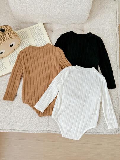 SHEIN LMoss Kids 3 قطع/مجموعة بدلة داخلية طويلة الأكمام للأطفال حديثي الولادة بنين/بنات بألوان أسود/أبيض/خاكي، نسيج مضلع ناعم ومريح للاستخدام اليومي والخروج والتنسيق مع الملابس