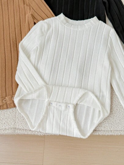 SHEIN LMoss Kids 3 قطع/مجموعة بدلة داخلية طويلة الأكمام للأطفال حديثي الولادة بنين/بنات بألوان أسود/أبيض/خاكي، نسيج مضلع ناعم ومريح للاستخدام اليومي والخروج والتنسيق مع الملابس