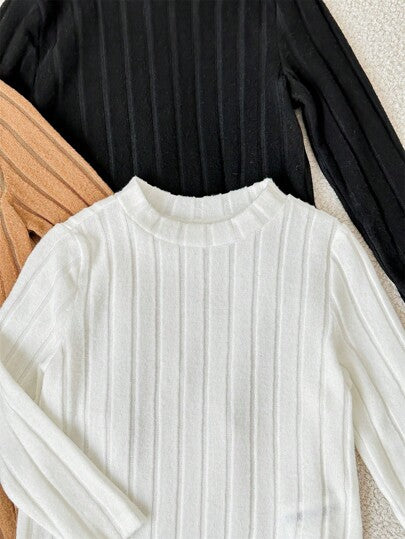 SHEIN LMoss Kids 3 قطع/مجموعة بدلة داخلية طويلة الأكمام للأطفال حديثي الولادة بنين/بنات بألوان أسود/أبيض/خاكي، نسيج مضلع ناعم ومريح للاستخدام اليومي والخروج والتنسيق مع الملابس