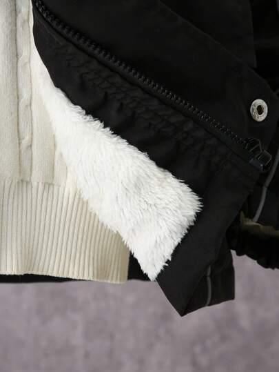 SHEIN معطف مقاس المراهق مطبوع بحرف ذات حافة متباينة ، بغطاء للرأس و سحاب، بجيوب، بطبقة عازلة للحرارة، للخريف/الشتاء