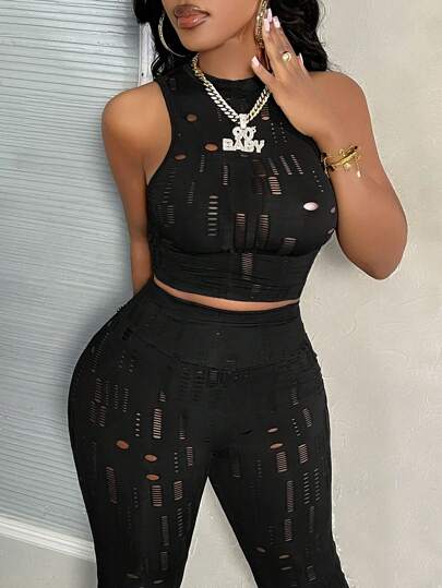 Slaydiva طقم نسائي قطعتين متناسق شامل مكون من فستان بلا أكمام من شبكة، وبنطال ضيق طويل لأيام الصيف العادية والشاطئ والمنزل