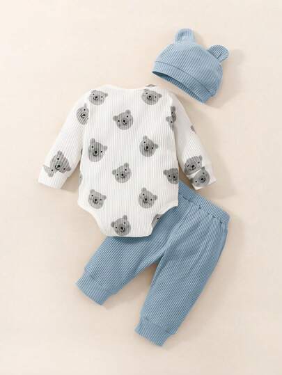 SHEIN طقم ملابس للطفل حديث الولادة ذكر: قبعة جميلة وأنيقة، بدلة كم طويل، وبنطلون مريح