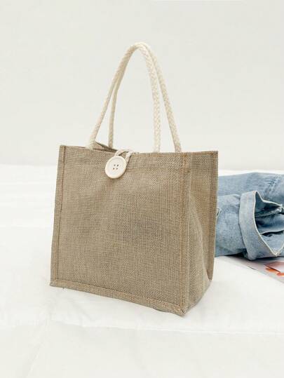 مجموعة حقيبة يد DIY صغيرة، حقيبة كتف كتان، حقيبة مزينة بأزرار، حقيبة كتف سعة كبيرة بتصميم بسيط، حقيبة تخزين محمولة عادية، حقيبة تسوق متعددة الوظائف، تصميم جديد، سعة كبيرة، مناسبة للتسوق، حقيبة كتف